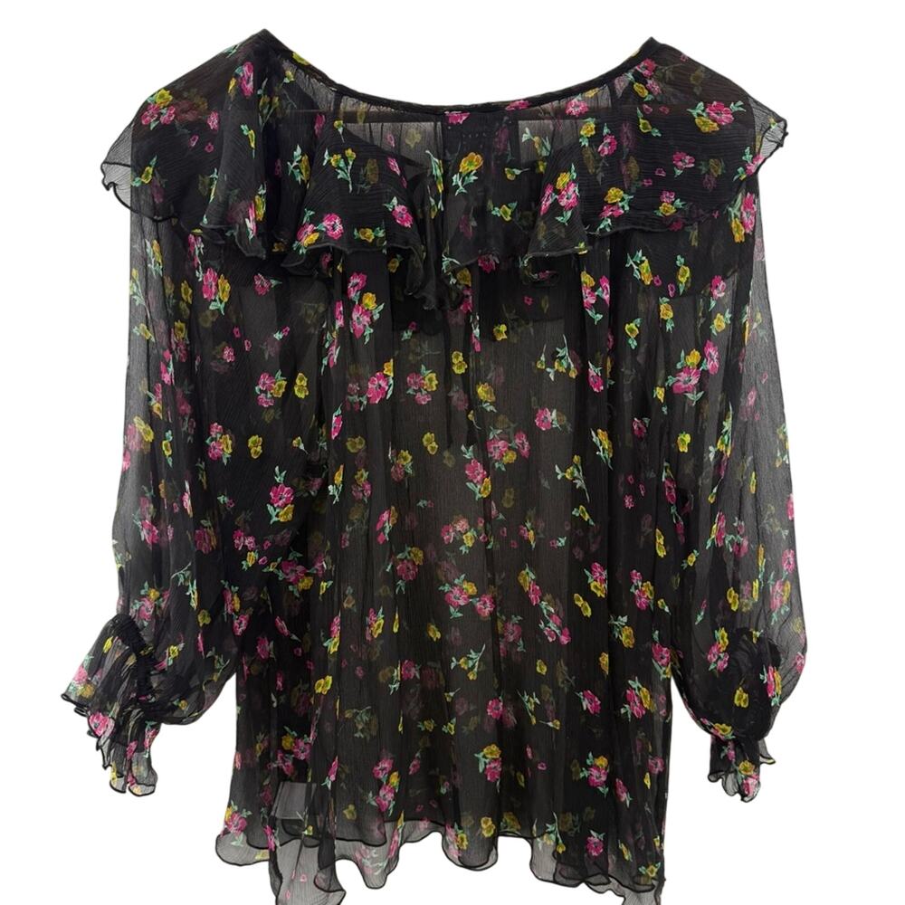 Johnny Was Jade Fernanda Silk Peasant Romantic Sheer Floral Ruffle Blouse Size L - Picture 12 of 14